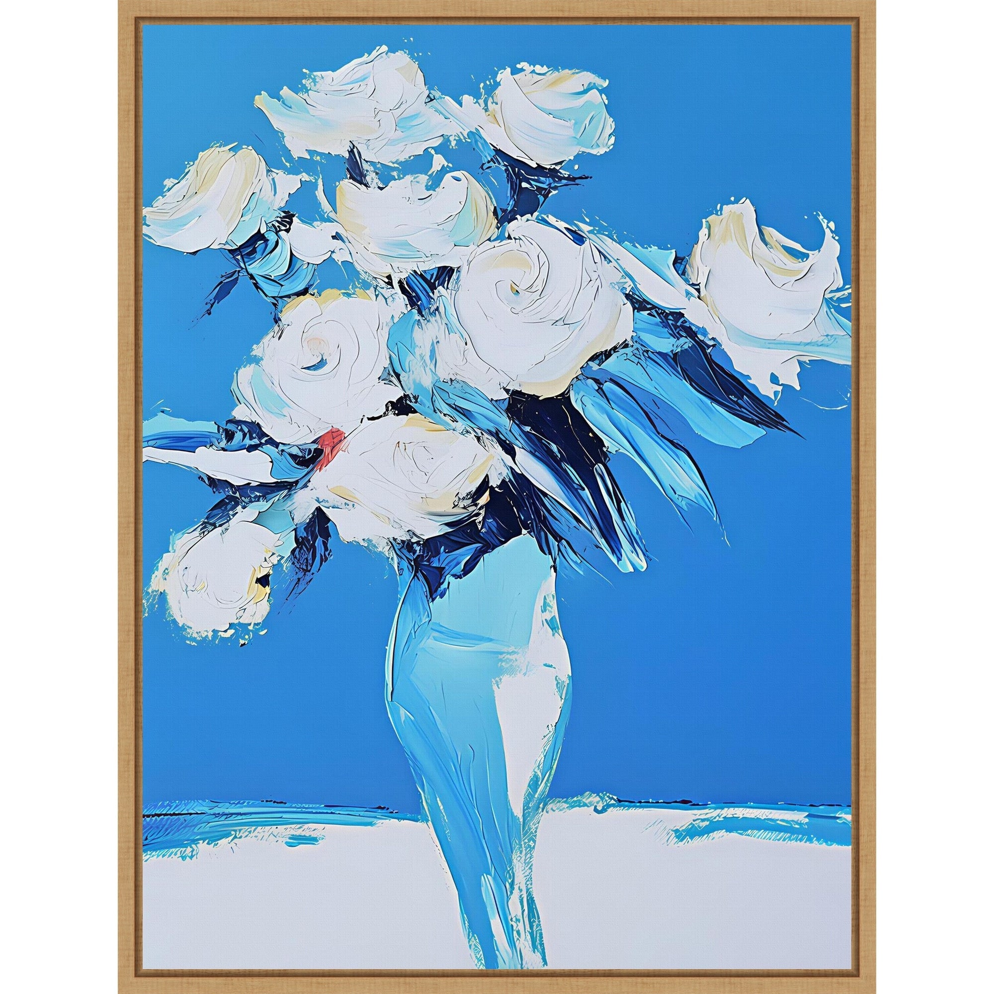White Roses In A Blue Vase By Elena Avanesova Framed Canvas Wall Art Print