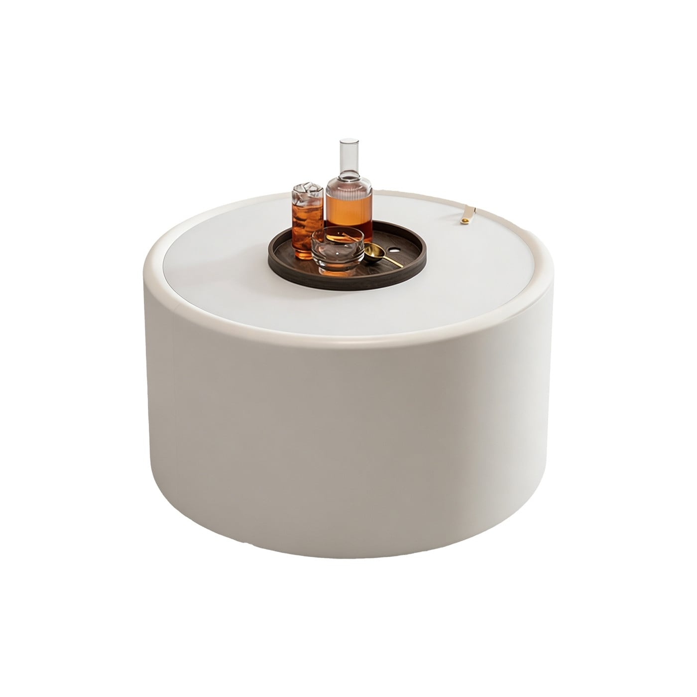 White Round Coffee Table With Tempered Glass Top And Hidden Storage