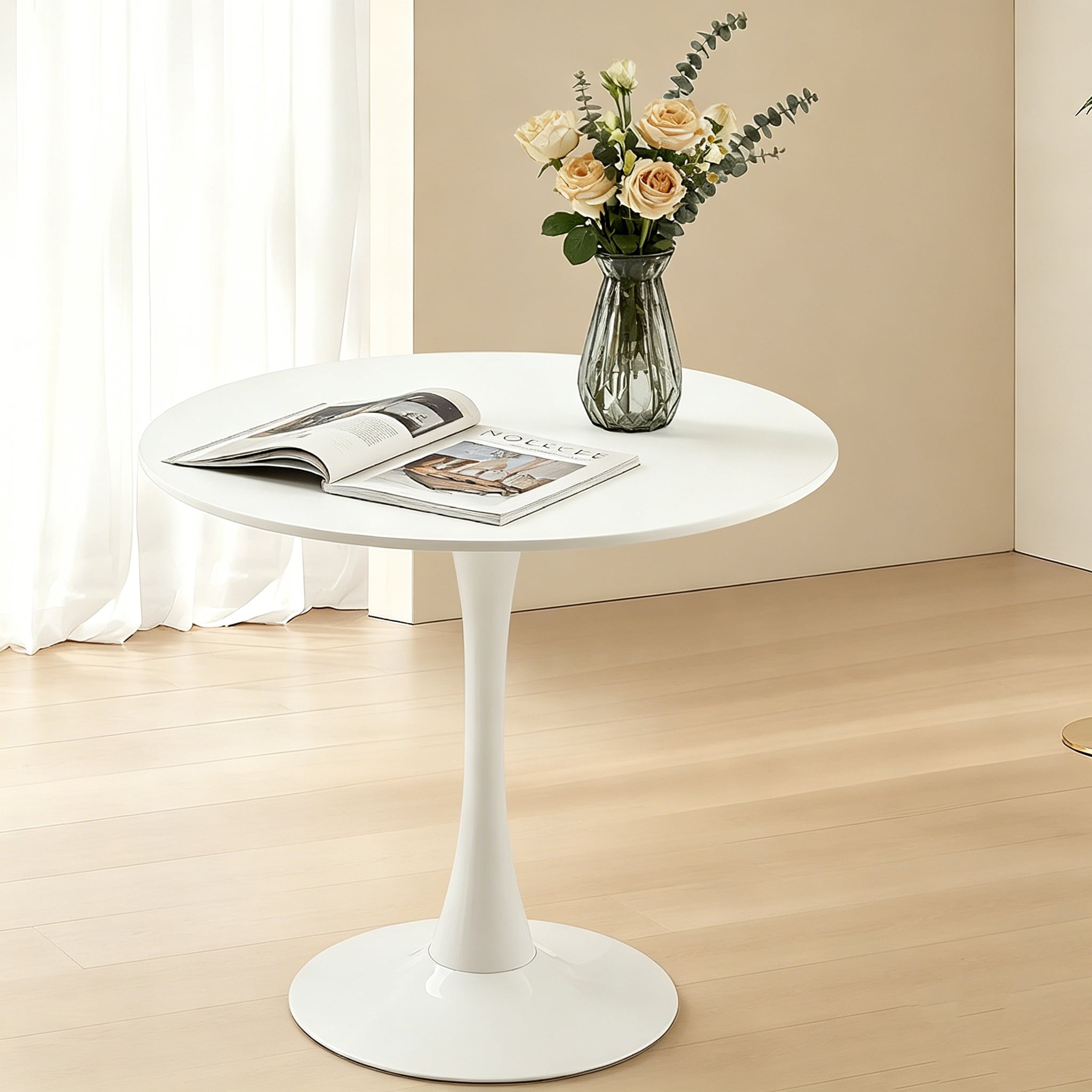 White Round Dining Table Equipped With An Elegant Tulip Shaped Metal Base And A 31.5 Inch Medium Density Fiberboard Tabletop