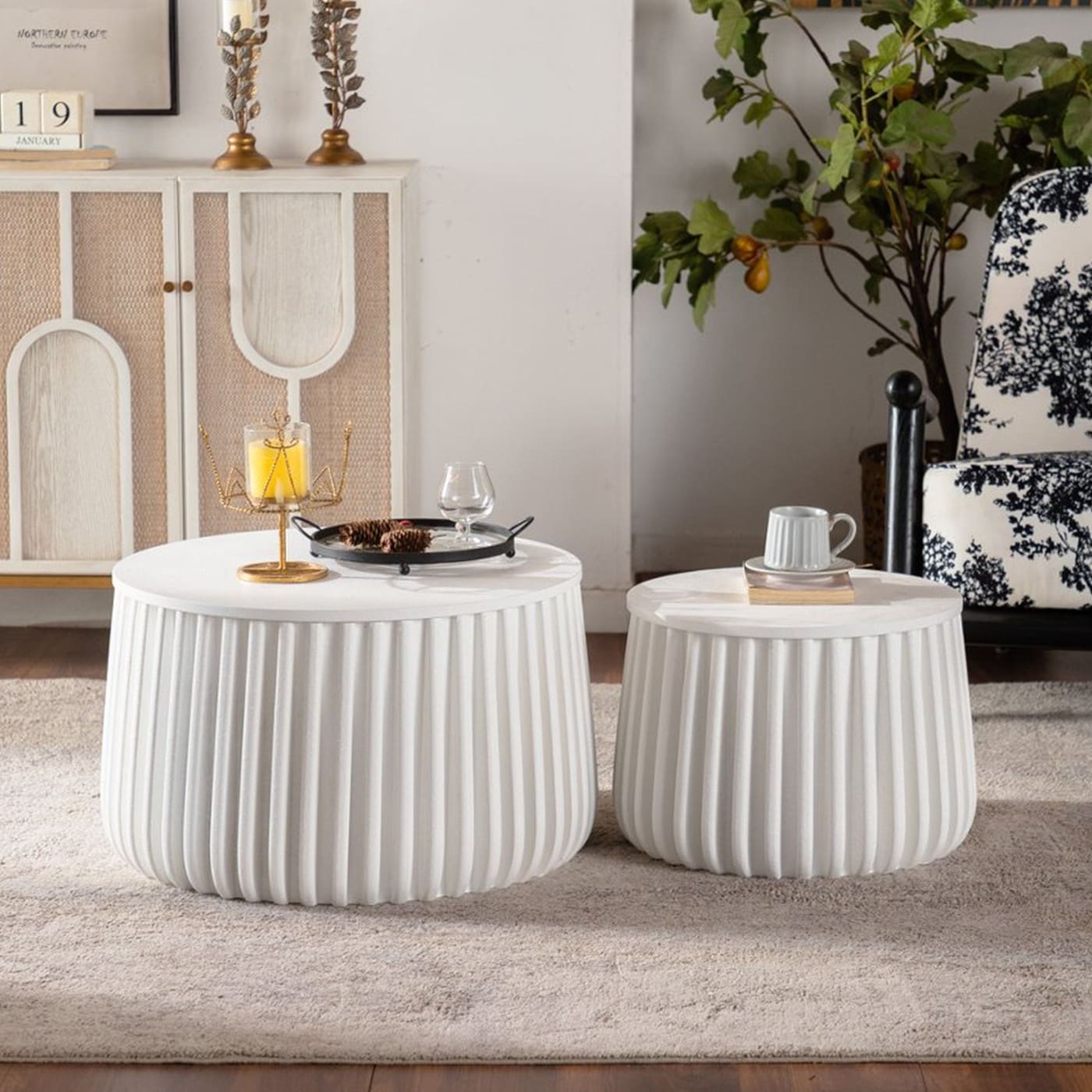 White Round Storage Table Set With Lift Off Lid Nesting Design 30.91