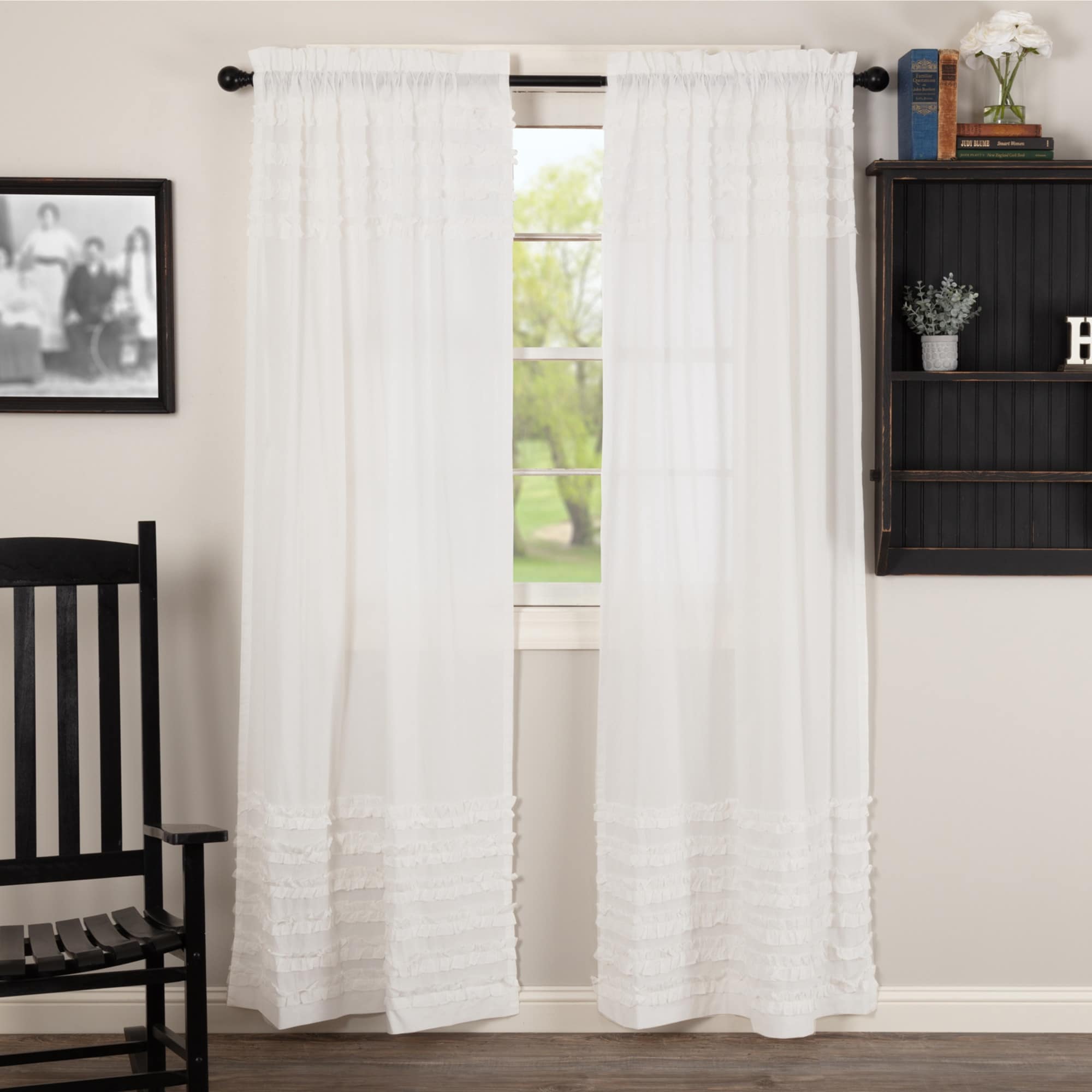 Vhc Farmhouse Soid Color White Cotton Ruched Ruffled Sheer Petticoat Curtain Panel Pair Wth Rod Pocket