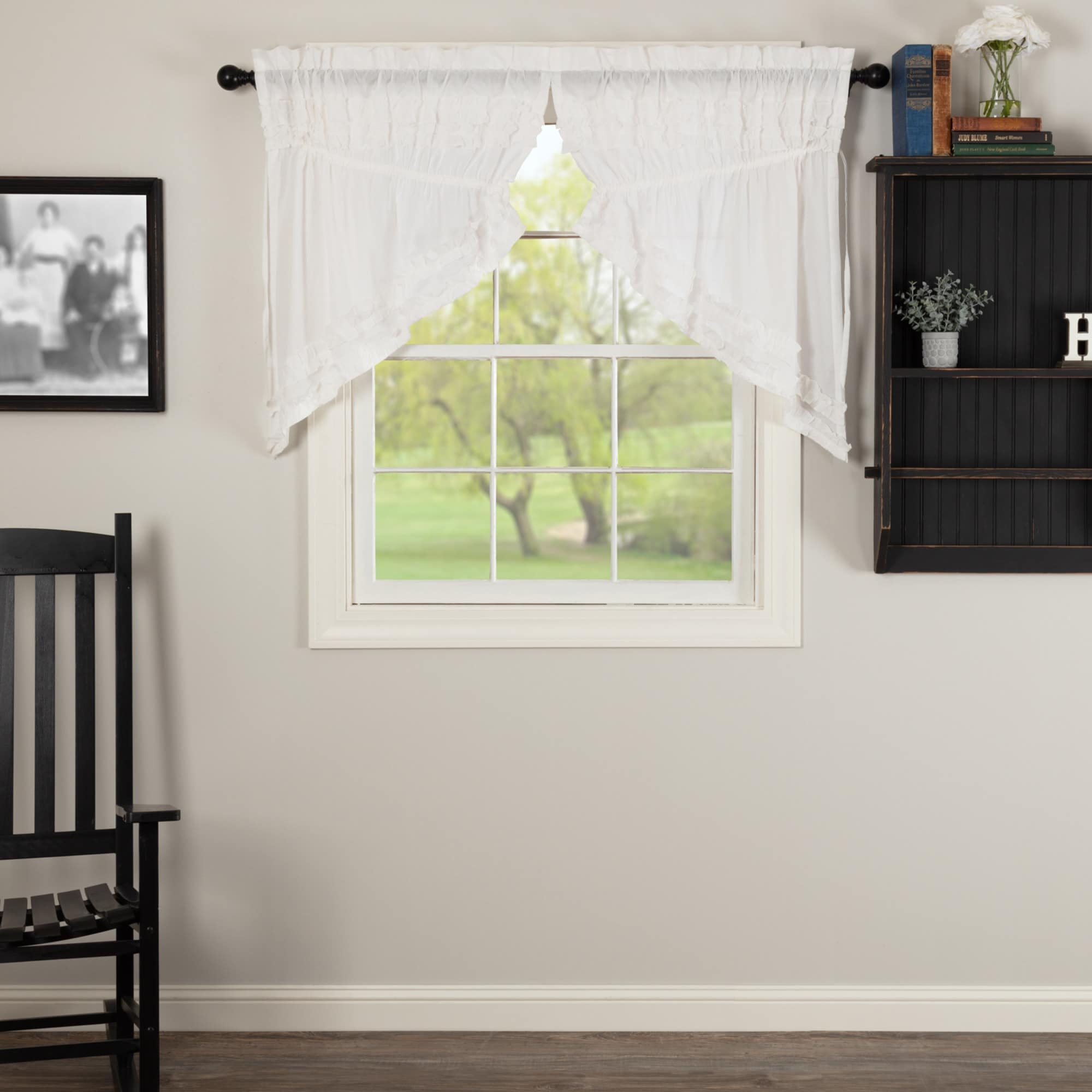 Vhc Farmhouse Solid Color White Cotton Ruched Ruffled Sheer Petticoat Prairie Kitchen Swag Curtain Pair With Rod Pocket