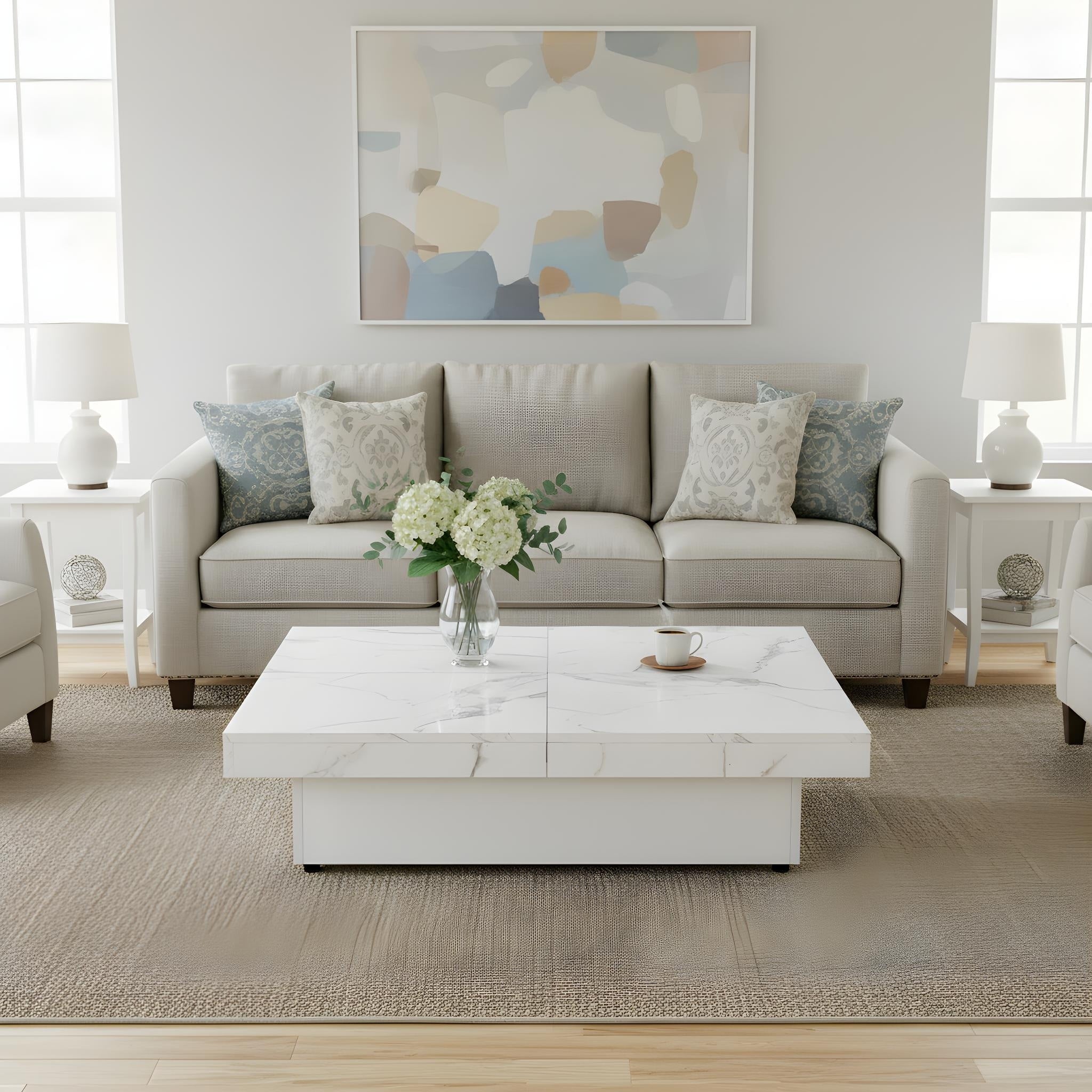 White Sliding Top Coffee Table Center Table With Storage Rustic Side Table Cocktail Table Accent Table