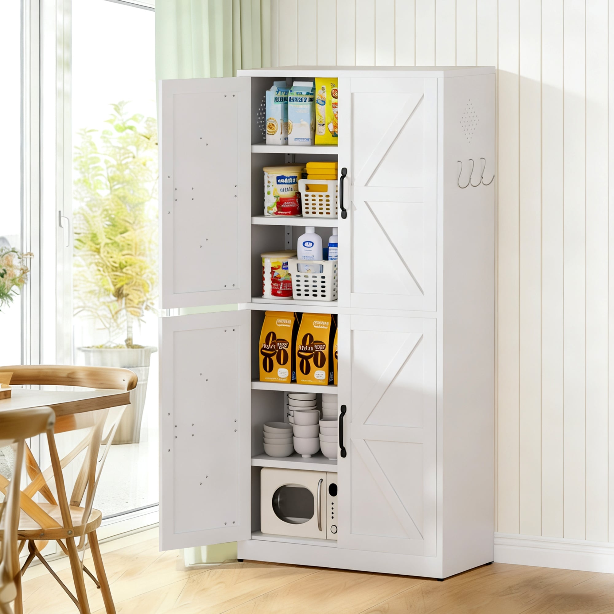 White Steel Kitchen Pantry Storage Cabinet With Adjustable Shelves Heavy Duty Country Cabinet For Kitchens Bathrooms