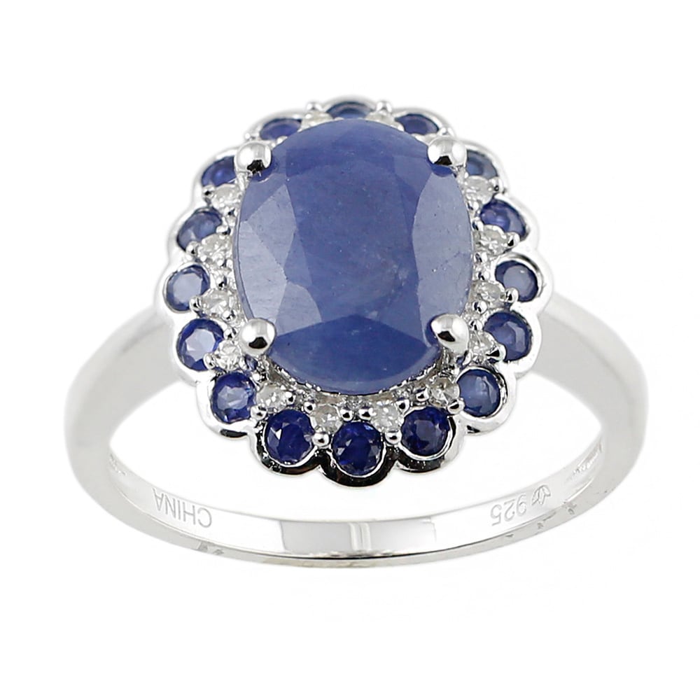 Pinctore White Sterling Silver Natural Indian Blue Sapphire And Diamond Classic Ring