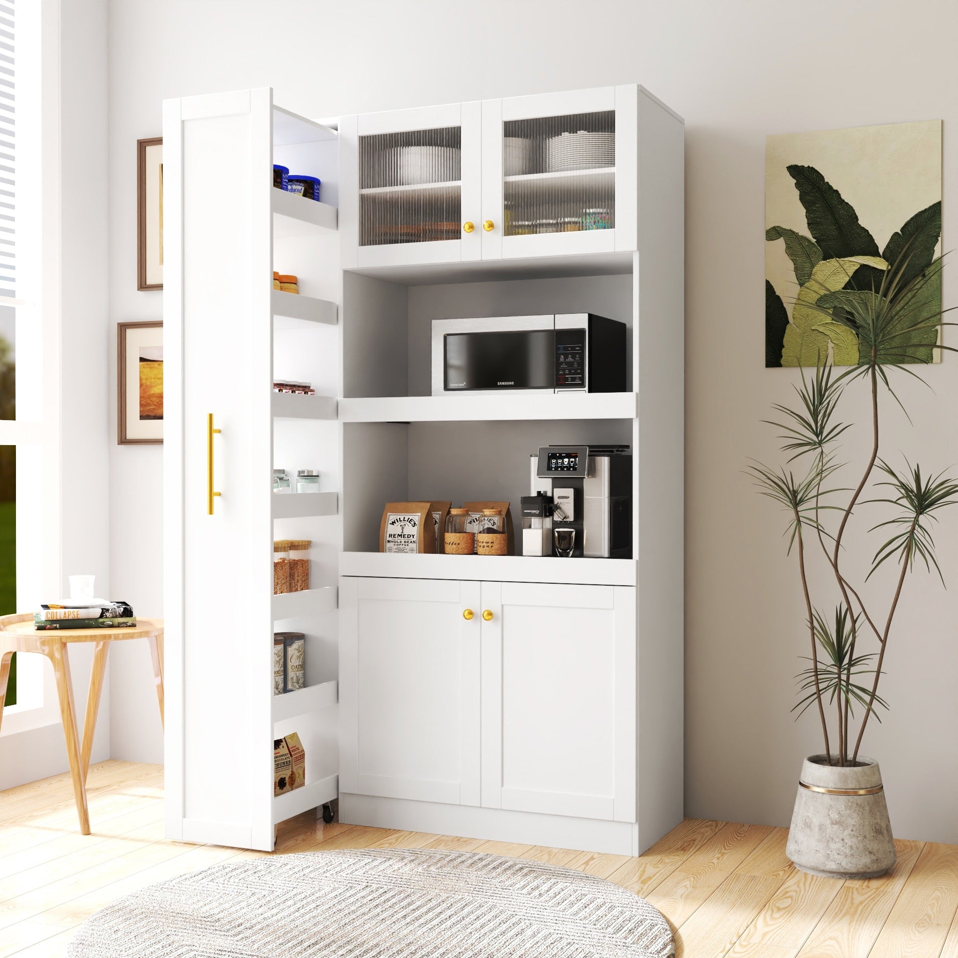 White Storage Cabinet Bookcase With Shelves Pantry Cabinet Kitchen Cabinet Cupboard Credenza With 4 Doors