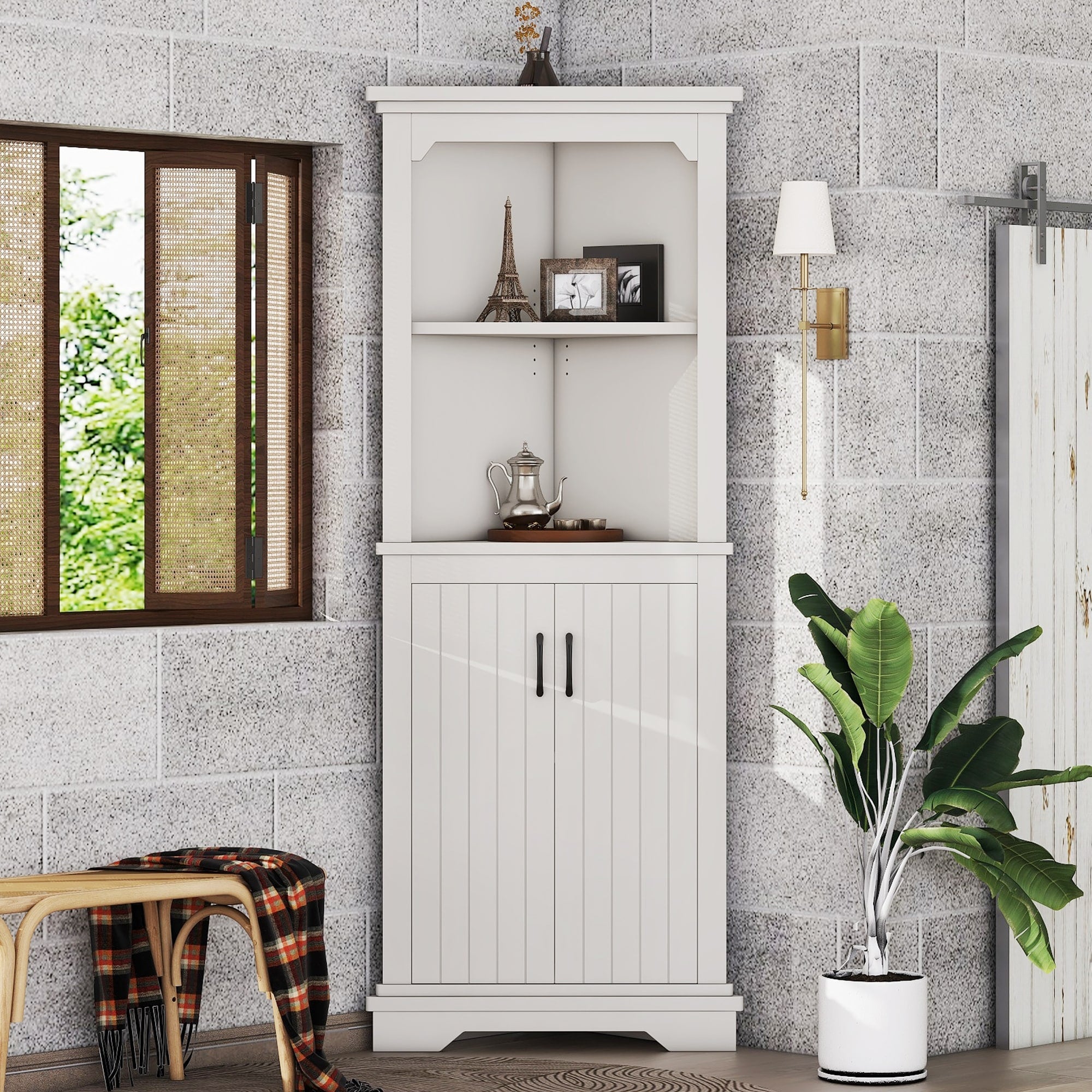 White Tall Corner Cabinet Storage Cabinet With Doors Side Cabinet Display Cabinet Base Cabinet Accent Cabinet