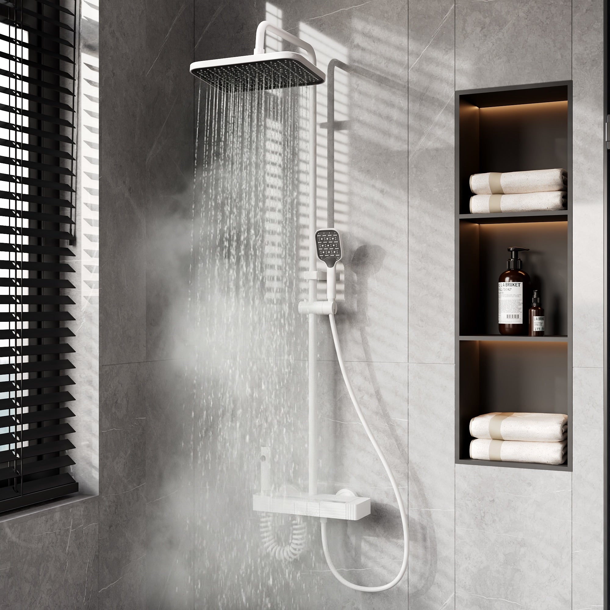 White Thermostatic Shower System With Digital Display 4 Function Rainfall Shower Head Cec Certified Aluminum Shower Faucet Set