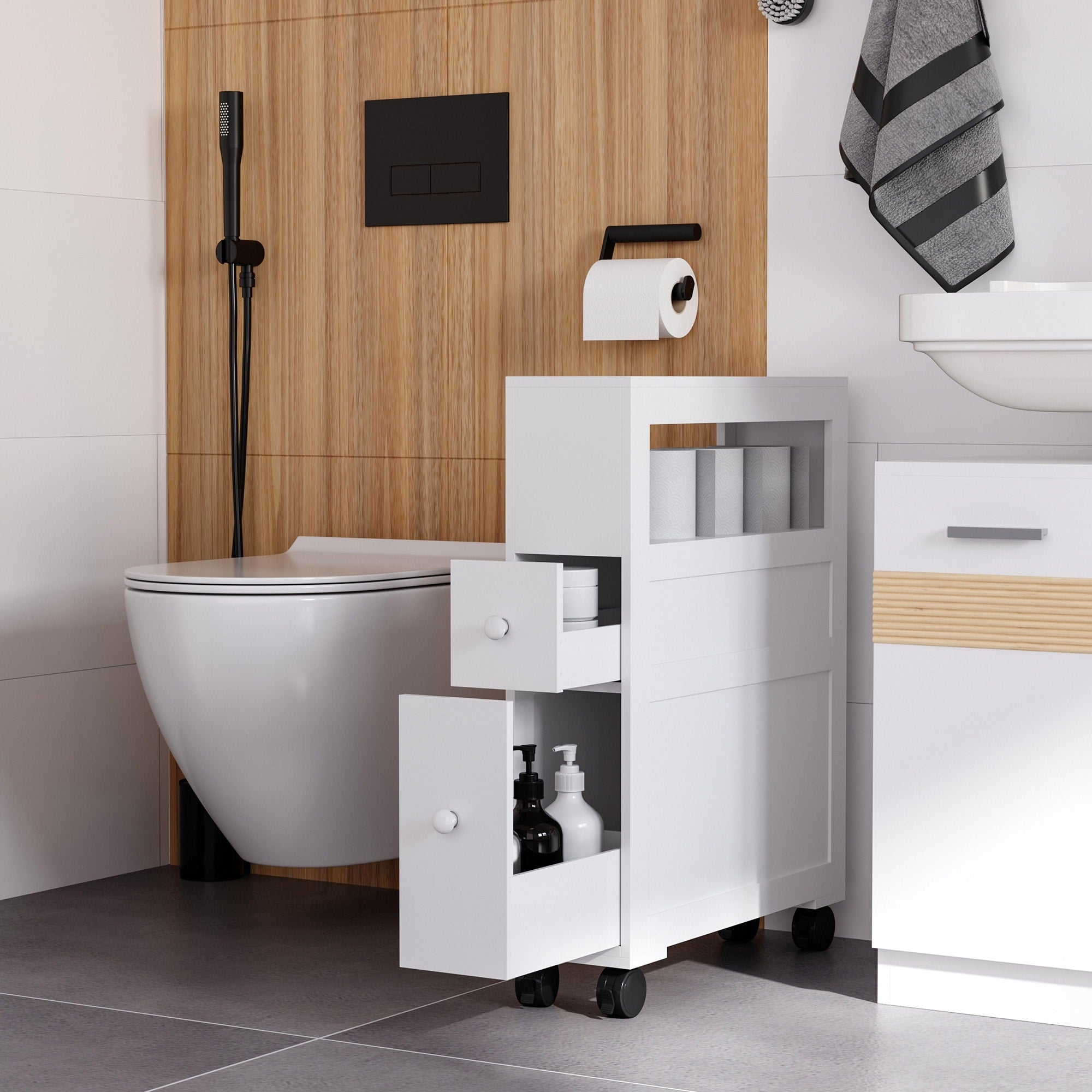 White Toilet Paper Holder Side Storage Cabinet With Wheels Exquiste Bathroom Floor Cabinet With 2 Drawers