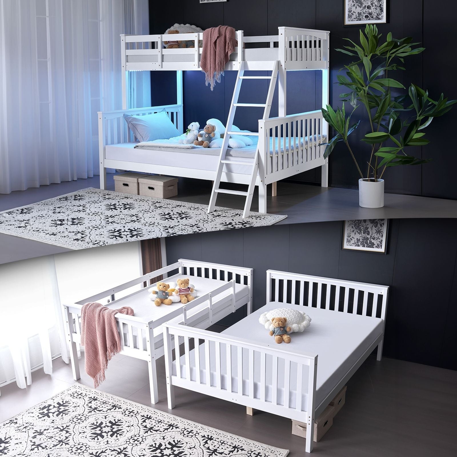 White Twin Over Full Size Bunk Bed With Guardrail Led Light Charging Station