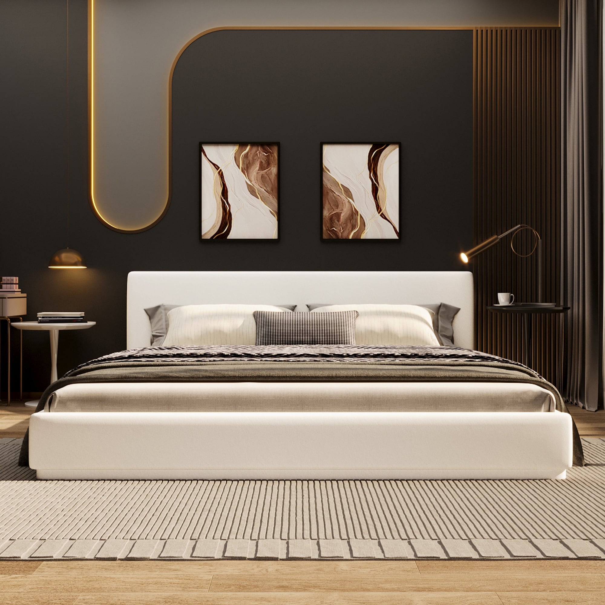 White Upholstered Platform Bed With Padded Headboard