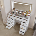 White Vanity Desk With Large Led Lighted Mirror Glass Tabletop Makeup Table With 11 Drawers