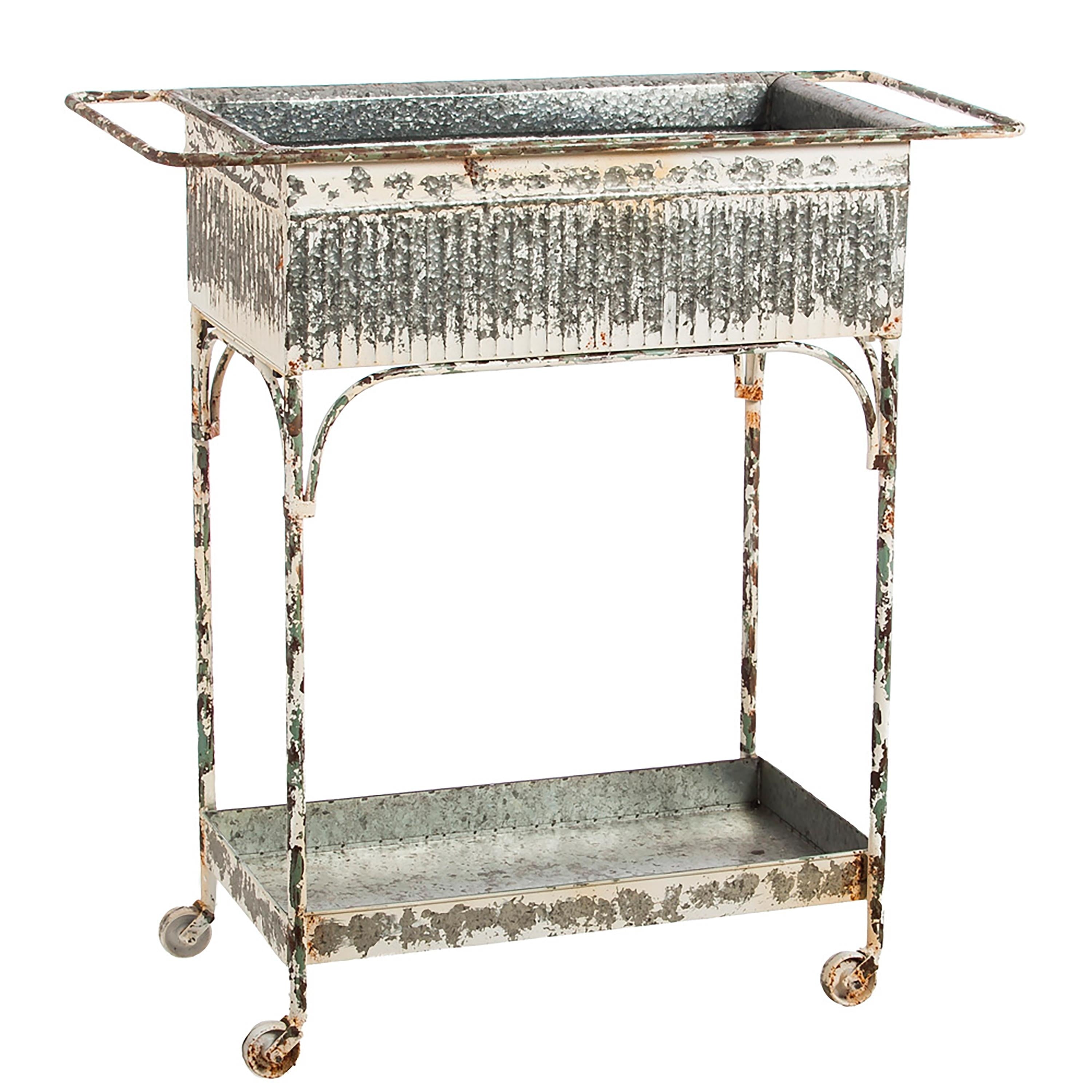 White Washed Galvanized Metal Two Tier Cart With Tub On The Top