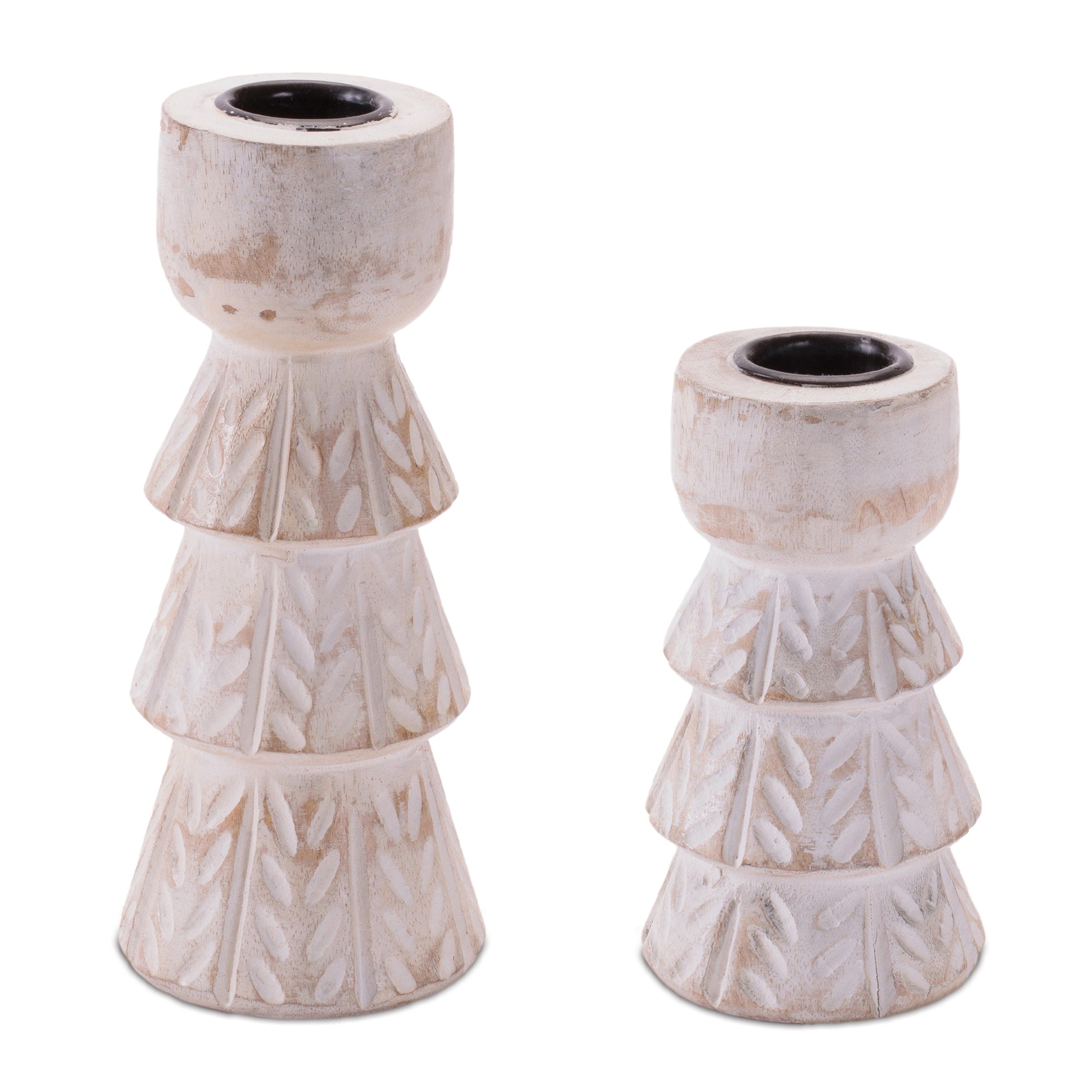 White Washed Wood Taper Candle Holder Set Of 2