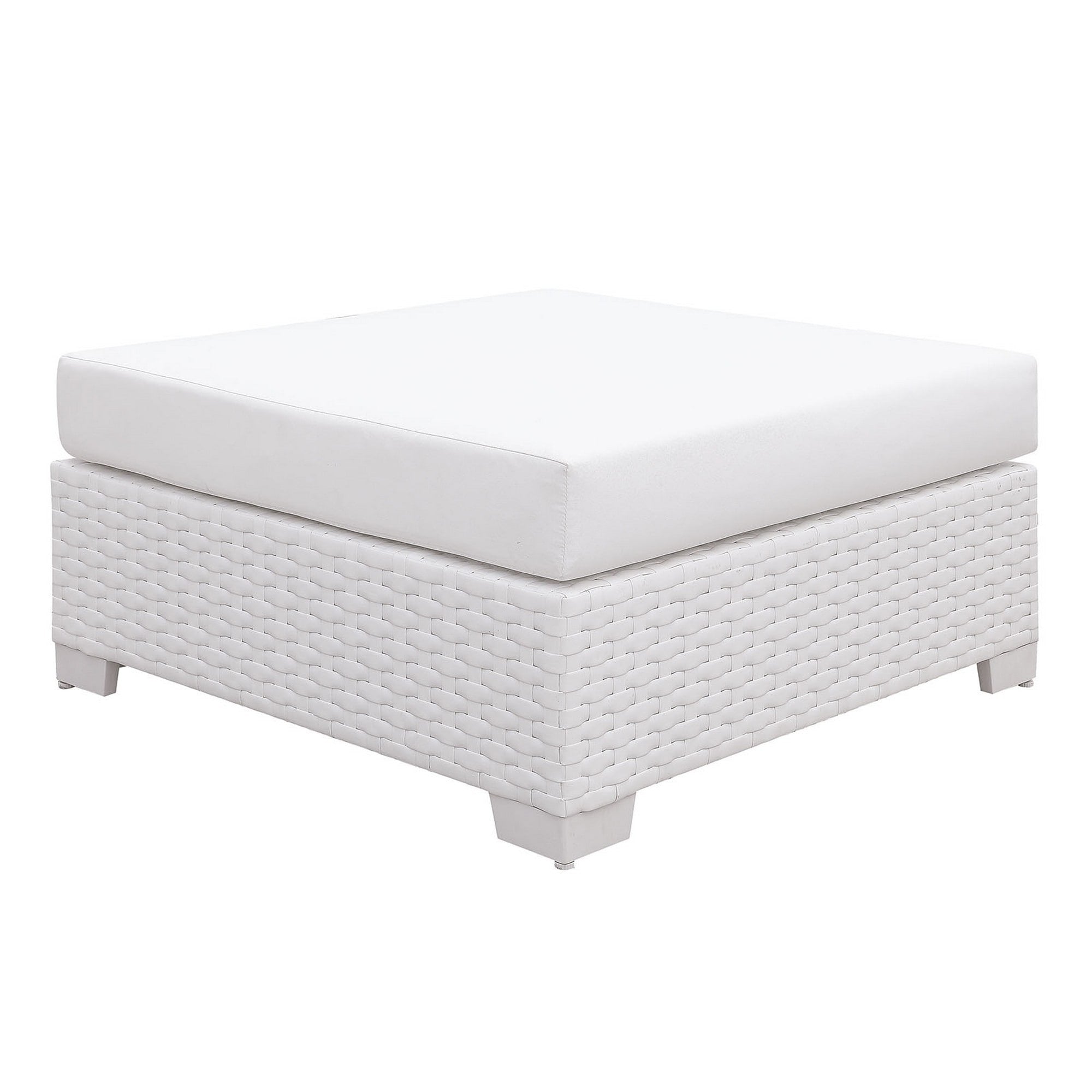 White Wicker Square Ottoman With Padded Seat Cushion
