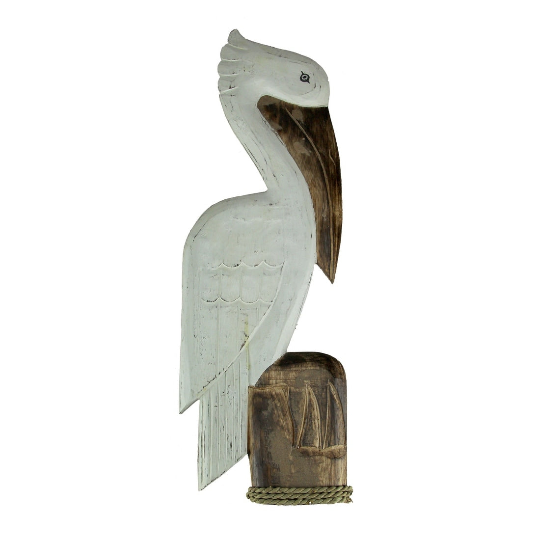 White Wood Coastal Pelican Perched On Nautical Piling Wall Sculpture 31 Inch 23.5 X 7.75 X 1 Inches