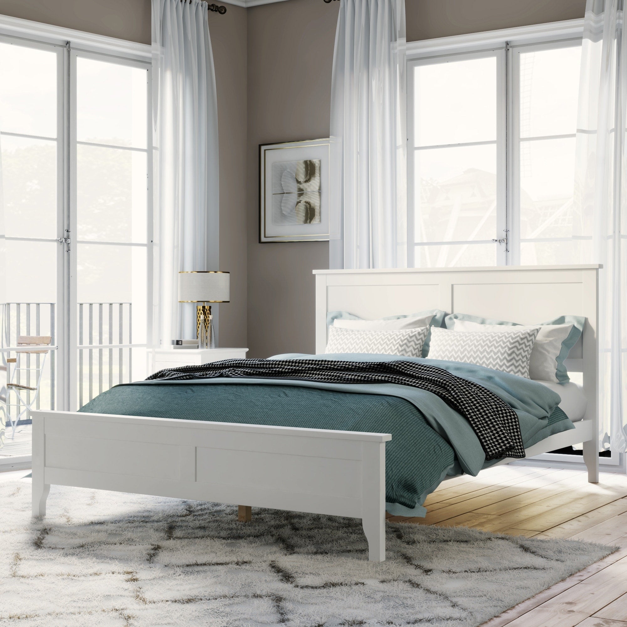 White Wood Full Platform Bed Frame With Wooden Slats Support
