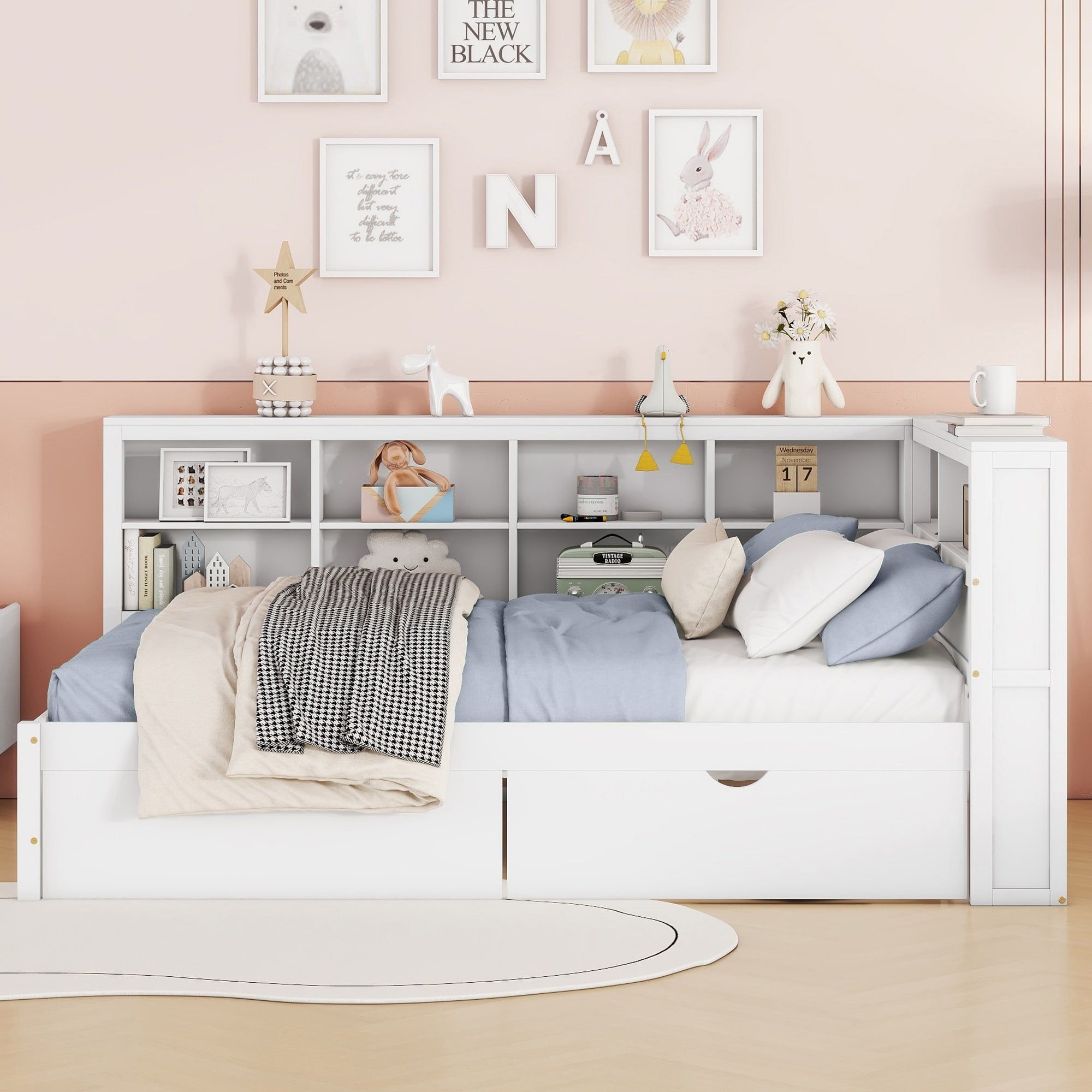 White Wooden Full Size Daybed With 2 Drawers Storage Shelf