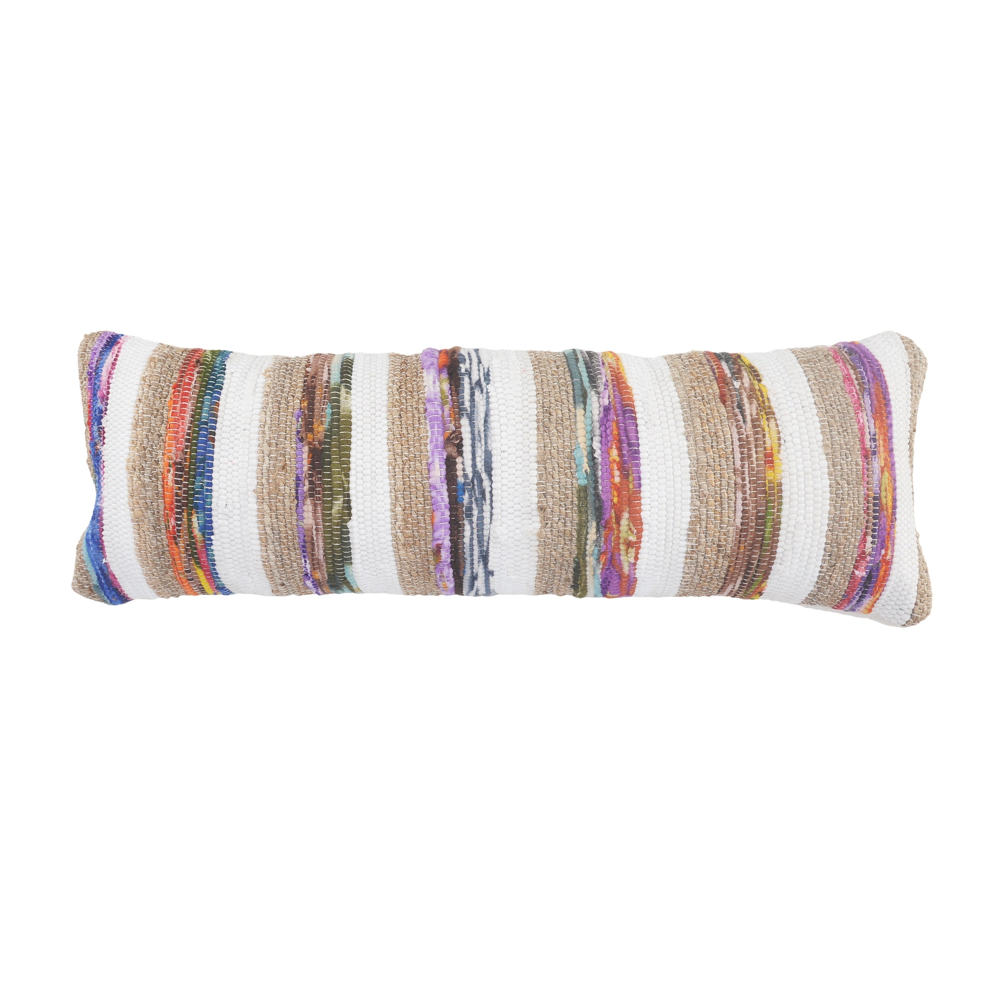White And Multicolored Chindi With Natural Jute Striped Throw Pillow