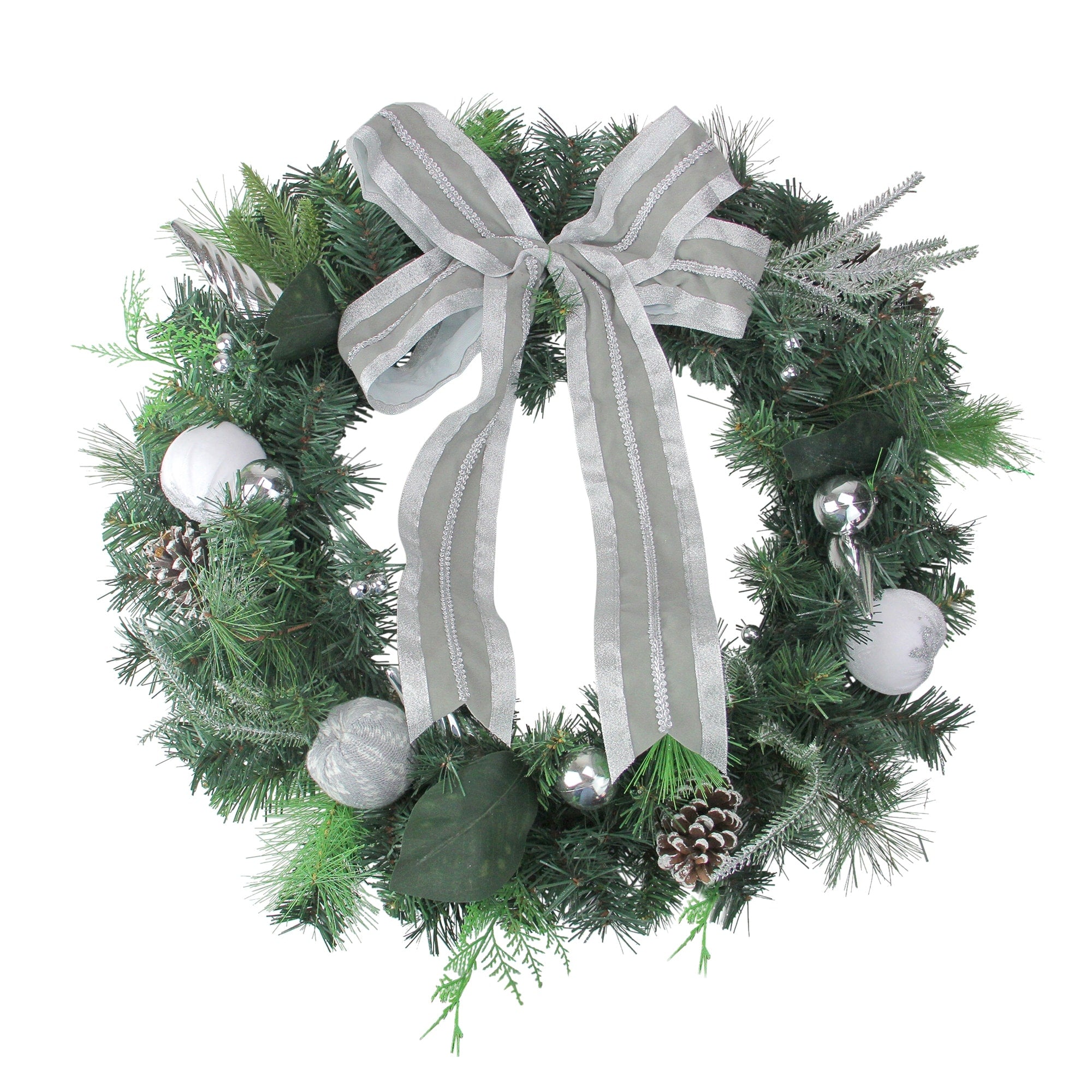 White And Silver Apple And Pine Cone Artificial Christmas Wreath 24 Inch Unlit