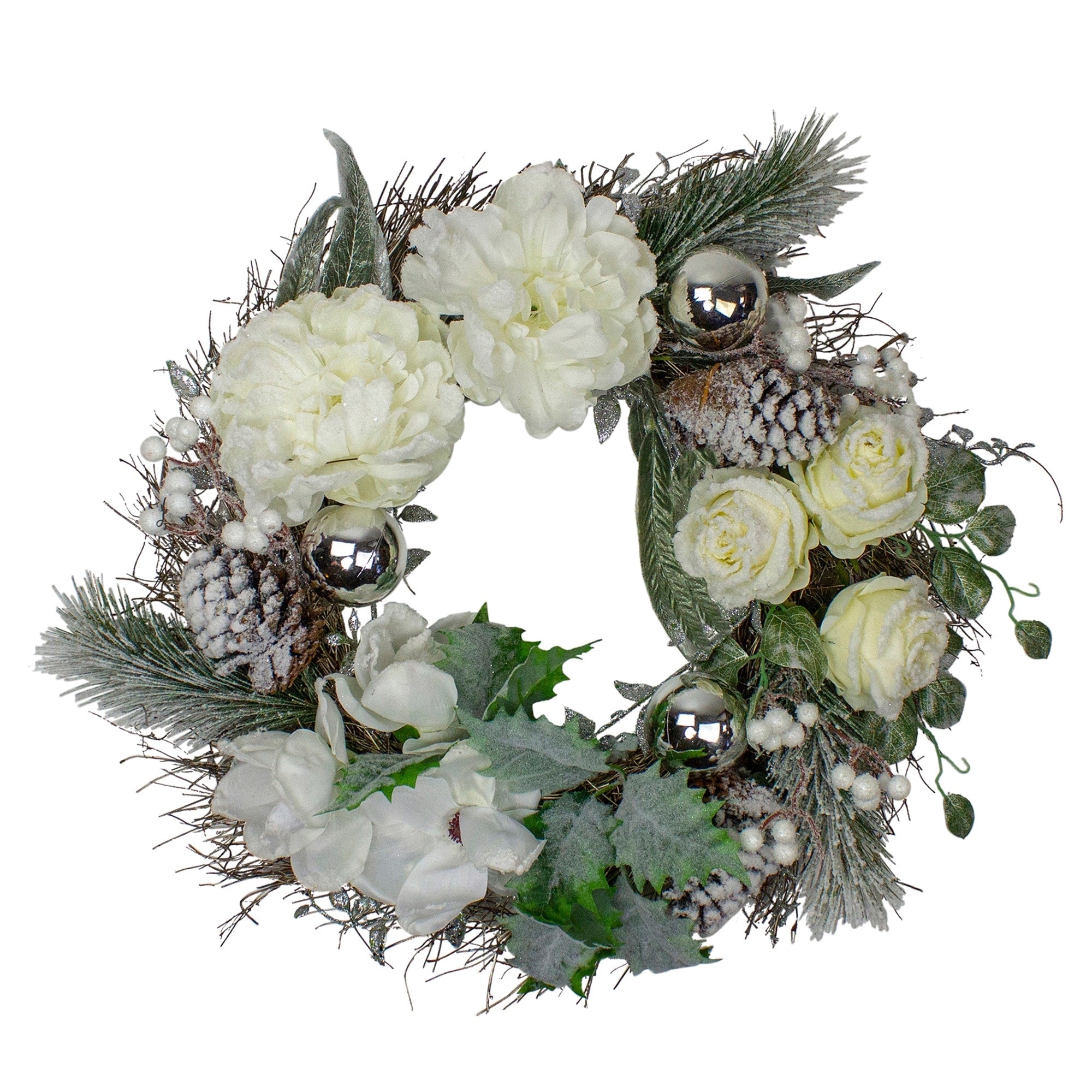 White And Silver Floral Flocked Pine Artificial Grapevine Christmas Wreath 24 Inch Unlit N A