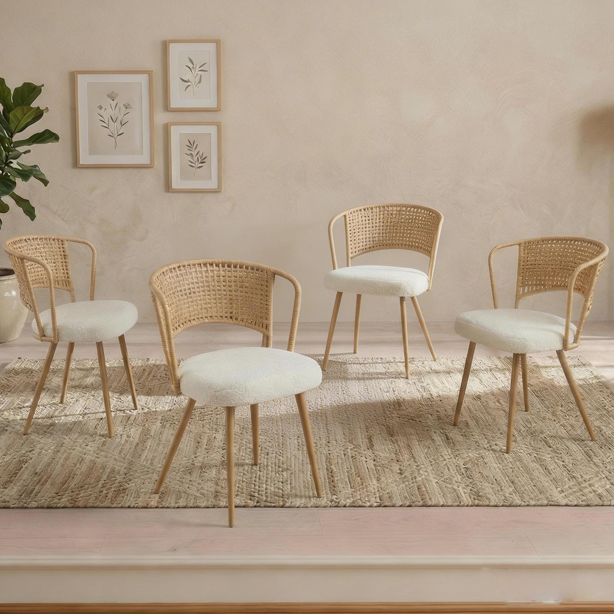 Wicker Dining Chairs 4 Piece Set Soft Padded Cane Back Kitchen Chair With Sponge Cushion Wing Back Chair With Metal Legs