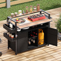 Wicker Outdoor Grill Cart With Extended Table Top Rolling Kitchen Island On Wheels With Storage Cabinet