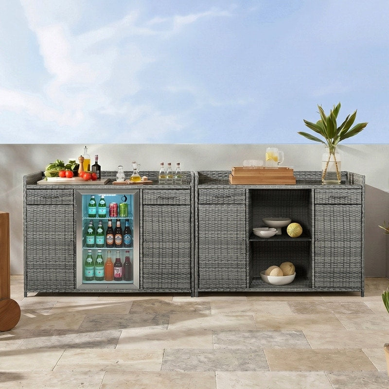 Wicker Rattan Outdoor Storage Cabinet With Fridge Space Patio Bar Cabinet With Adjustable Shelves Drawers For Garden Kitchen