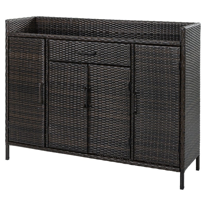 Wicker Rattan Outdoor Storage Cabinet With Glass Top Patio Bar Table With Adjustable Shelves For Patio Backyard Garden