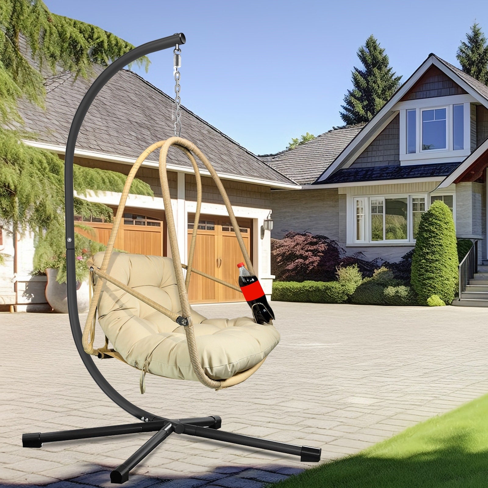Wicker Rattan Patio Basket Hanging Chair With C Type Bracket