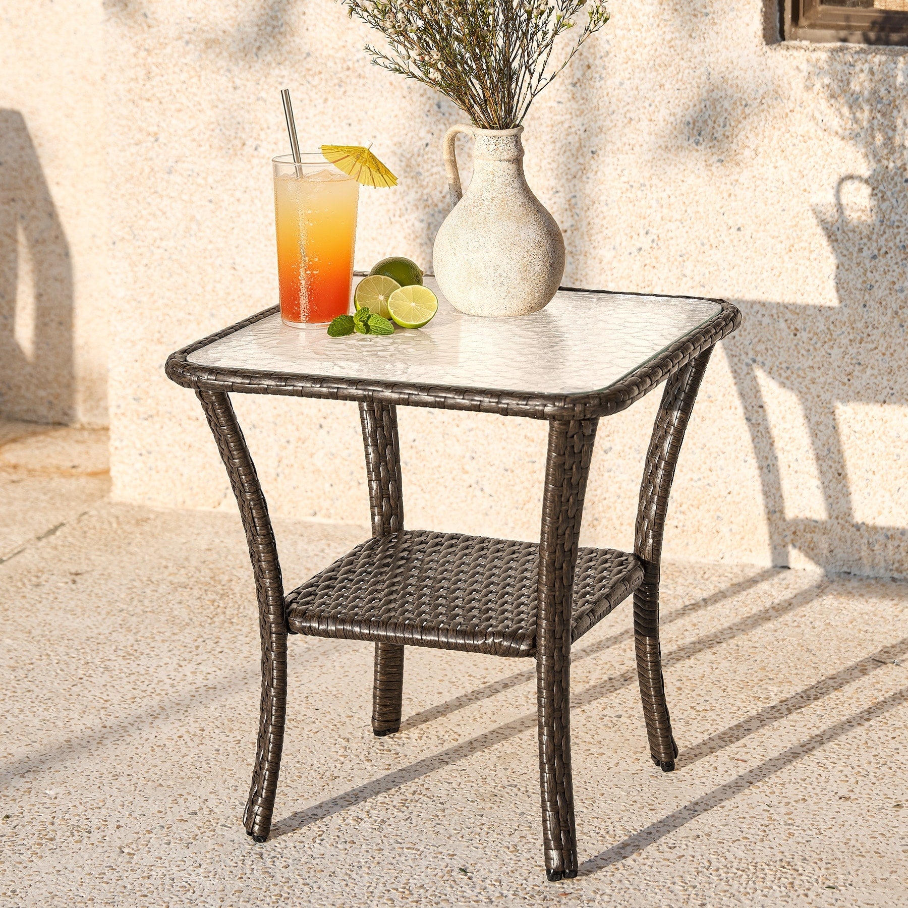 Wicker Rattan Side Table With Built In Glass 19.68 H X 19.68 D X 19.68 W
