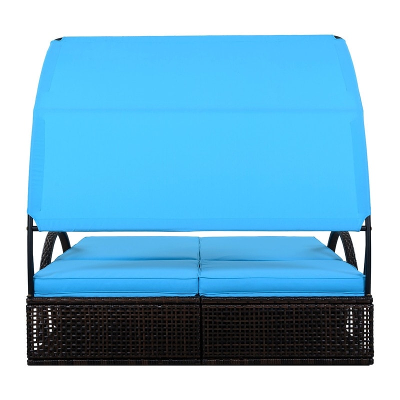 Wicker Ratten Patio Double Sunbed Outdoor Sun Lounger With Adjustable Backrest And Hidden Side Table