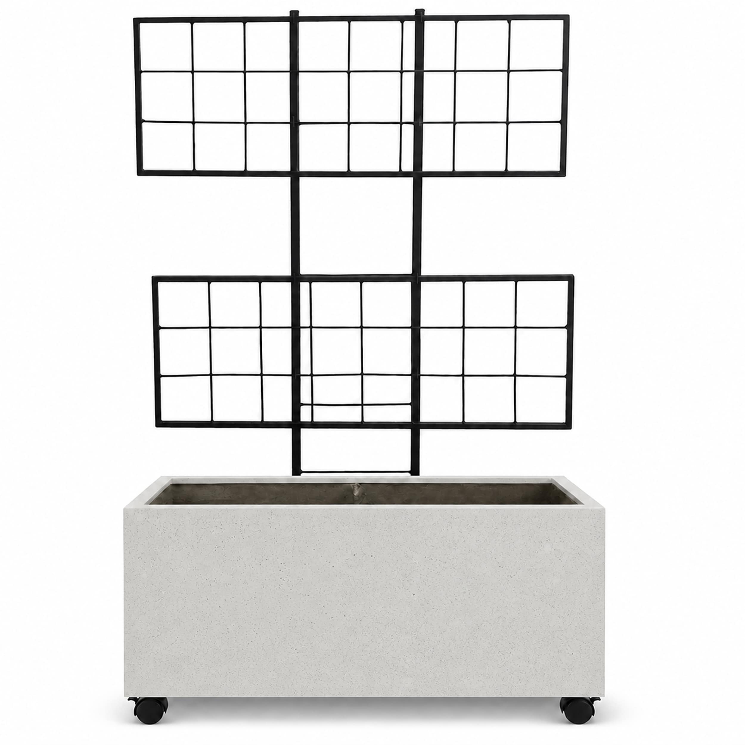 Wide Smooth Polystone Rectangular Planter With Steel Trellis And Wheels