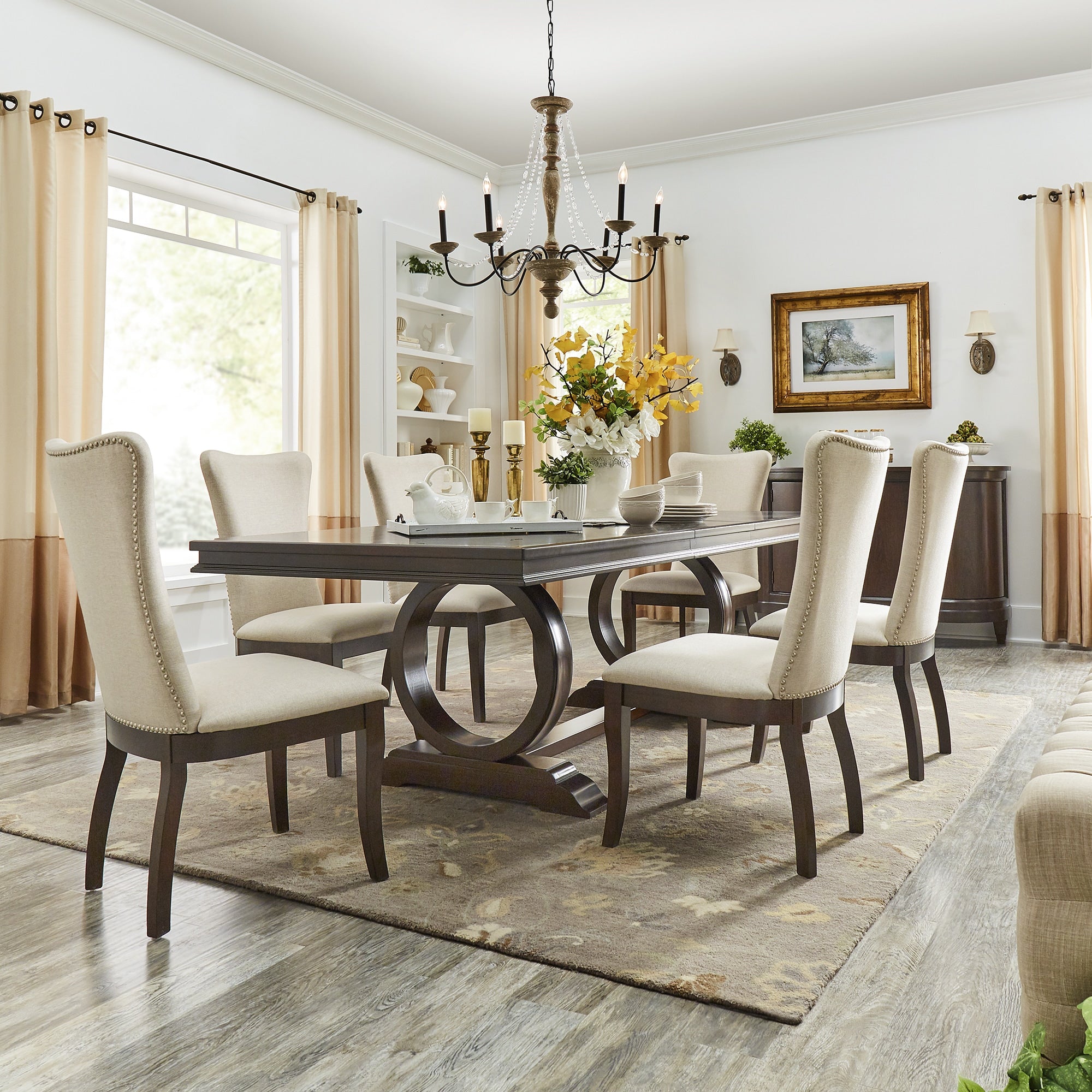 Willa Dark Cherry Wood And Beige Fabric Extendable Rectangular Dining Set By Inspire Q Classic