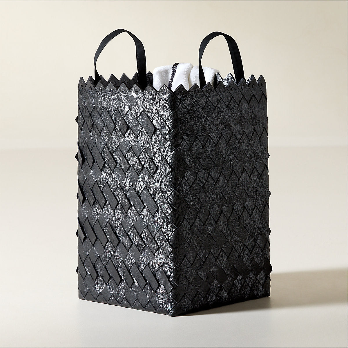 Willa Woven Black Leather Storage Basket Medium