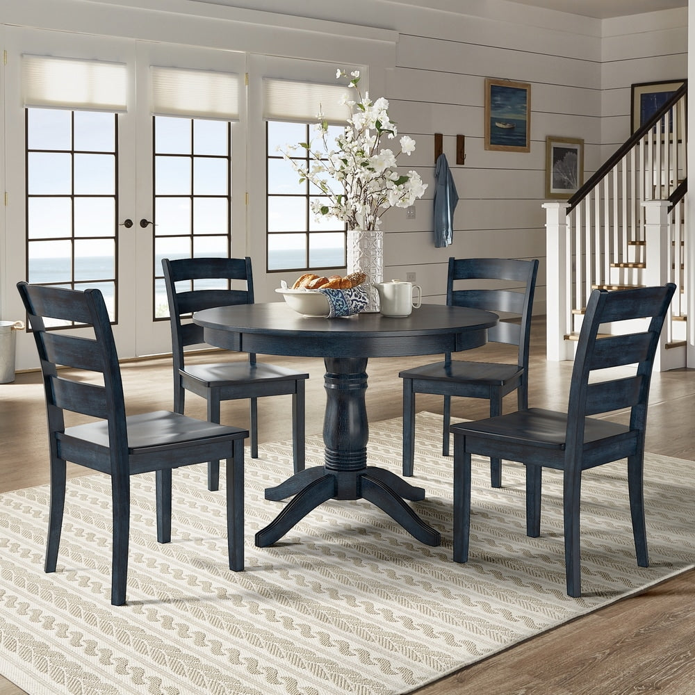 Wilmington Ii Round Pedestal Base Antique Dark Denim 5 Piece Dining Set By Inspire Q Classic