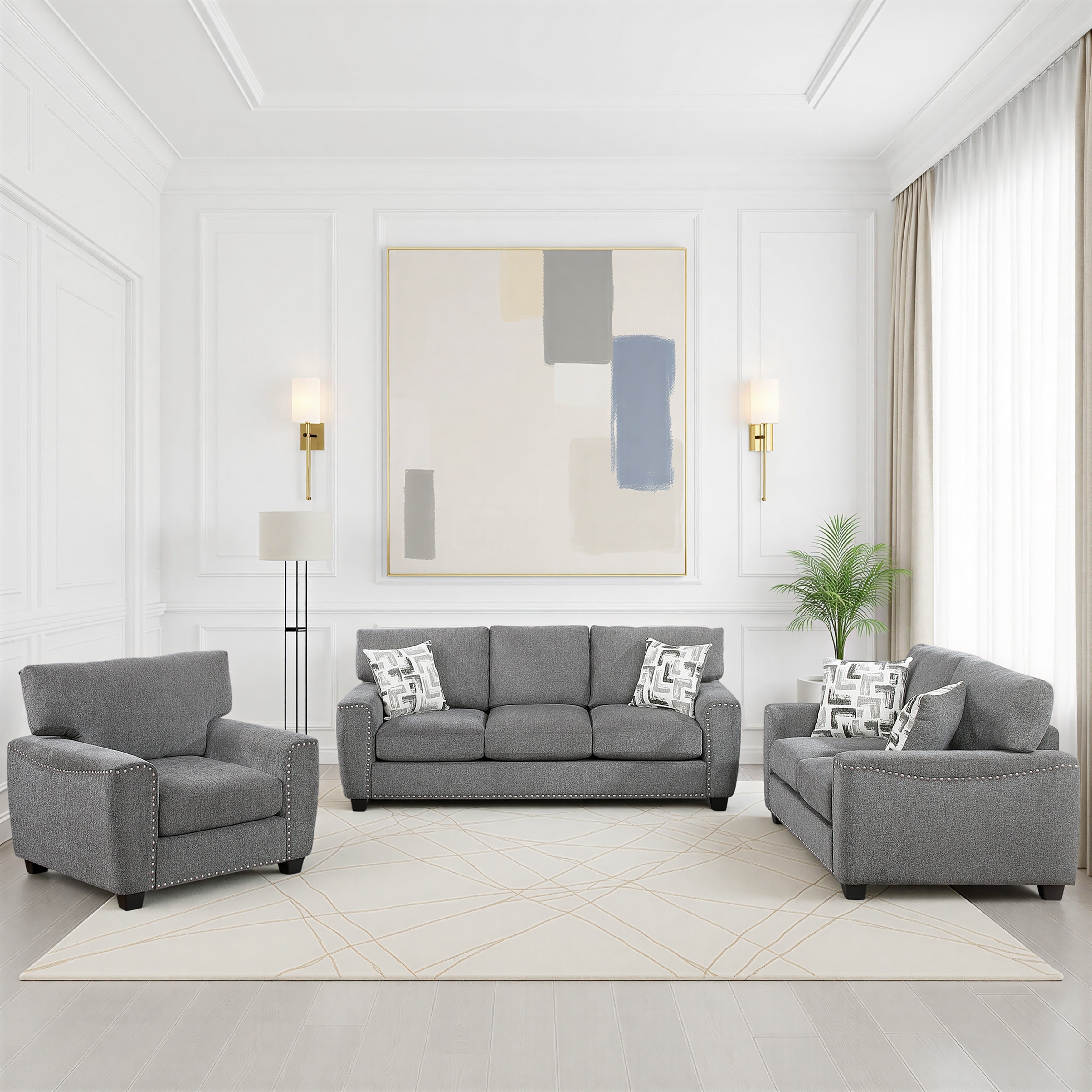 Windsor Chenille 3 Piece Living Room Sofa Set With Nailhead Trim