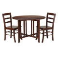 Winsome Alamo Walnut Finish Wood 3 Piece Dining Set With Round Drop Leaf Table And Two Ladder Back Chairs