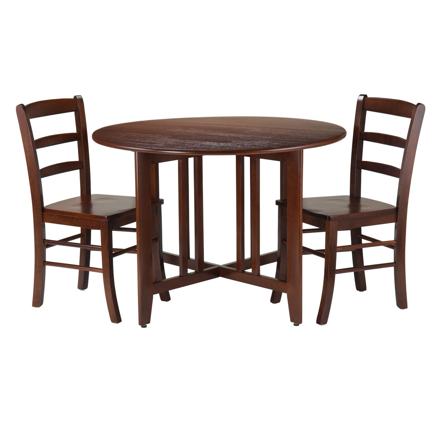 Winsome Alamo Walnut Finish Wood 3 Piece Dining Set With Round Drop Leaf Table And Two Ladder Back Chairs