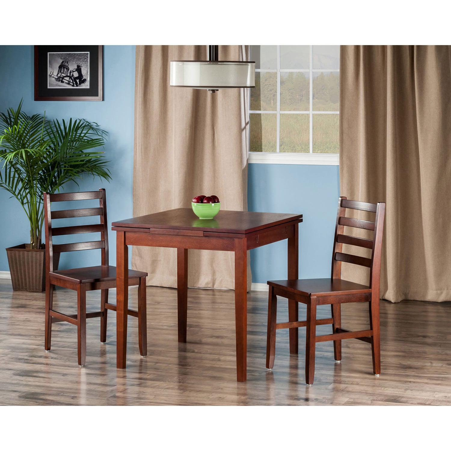 Winsome Pulman Walnut Wood Extension Dining Table With 2 Ladder Back Chairs