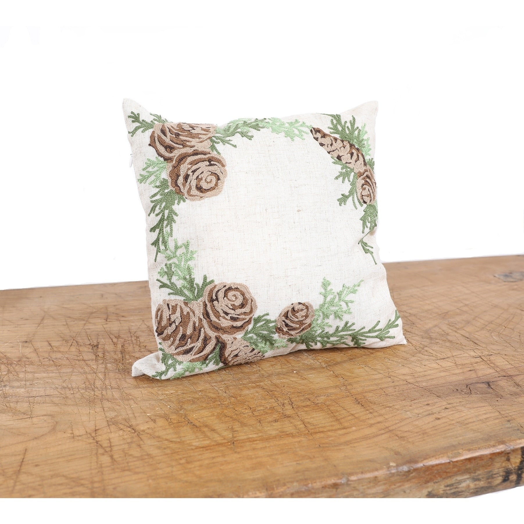 Winter Pine Cones Branches Crewel Embroidered Pillow 14 By 14 Inch
