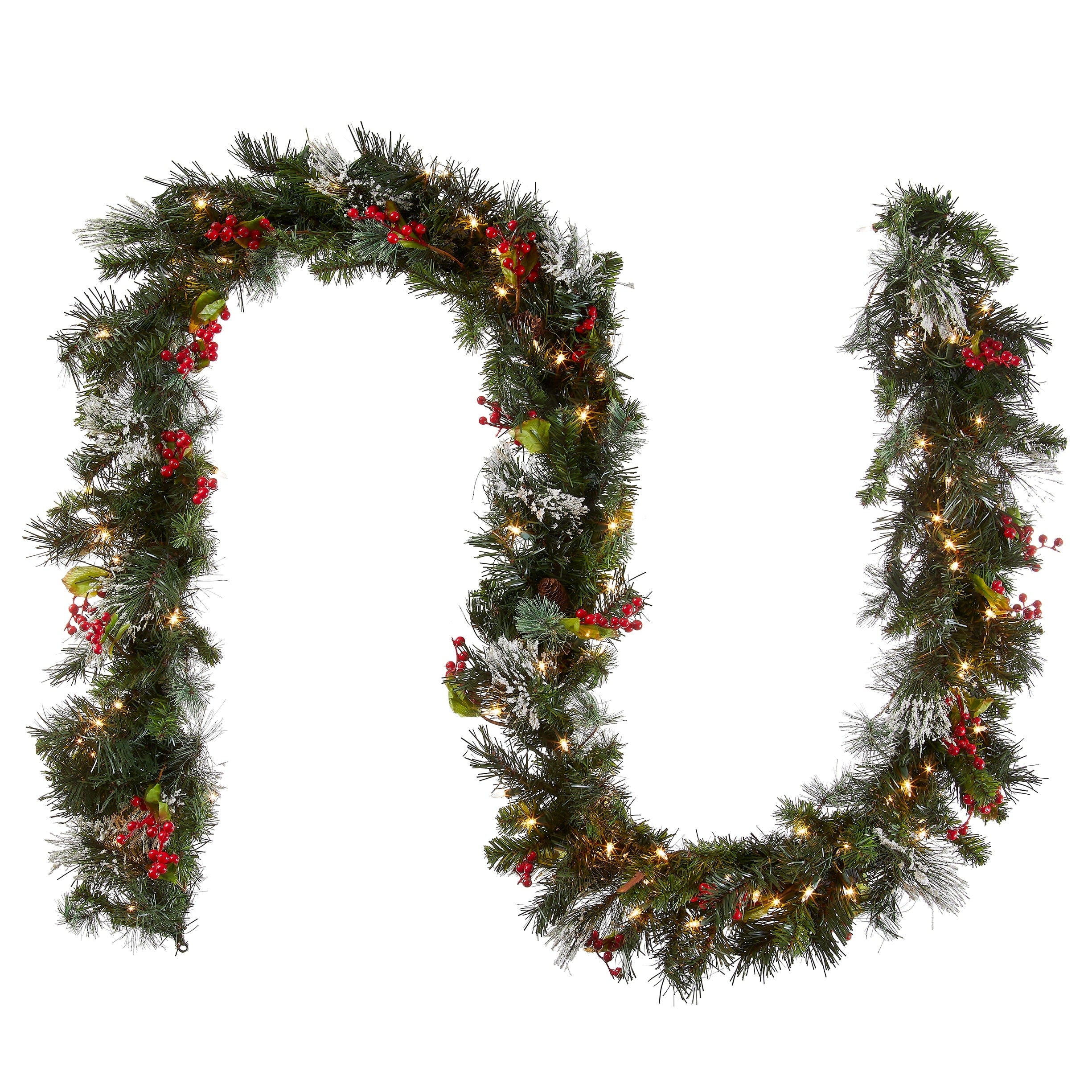 9 Foot Wintry Pine Garland With Cones Red Berries Snowflakes And 100 Clear Lights