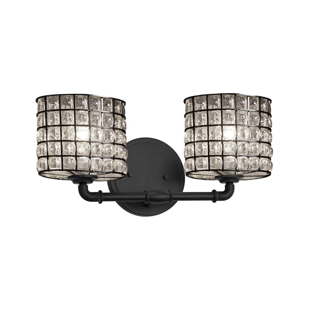 Wire Glass Bronx 2 Light Matte Black Bath Bar Grid With Clear Bubbles Oval Shade