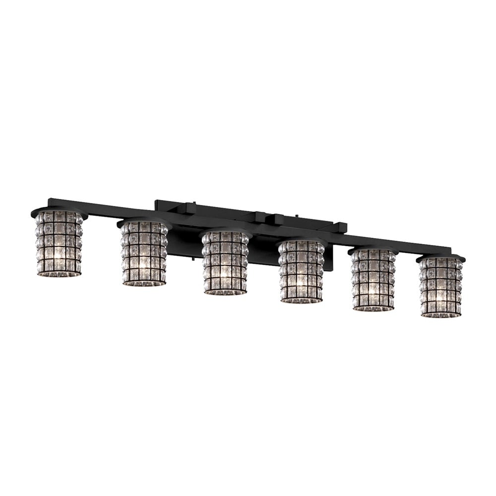 Wire Glass Dakota 6 Light Matte Black Bath Bar Grid With Clear Bubbles Cylinder W Flat Rim Shade