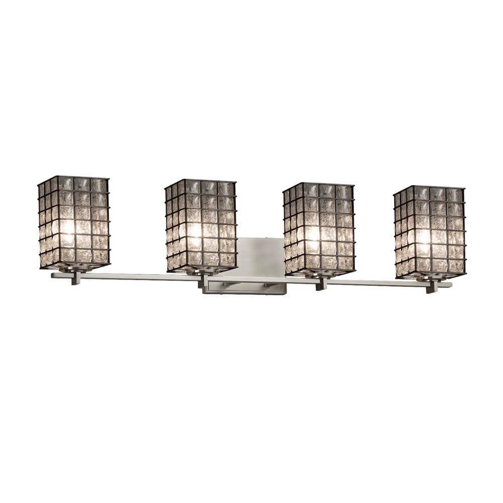 Wire Glass Era 4 Light Brushed Nickel Bath Bar Grid With Clear Bubbles Square W Flat Rim Shade