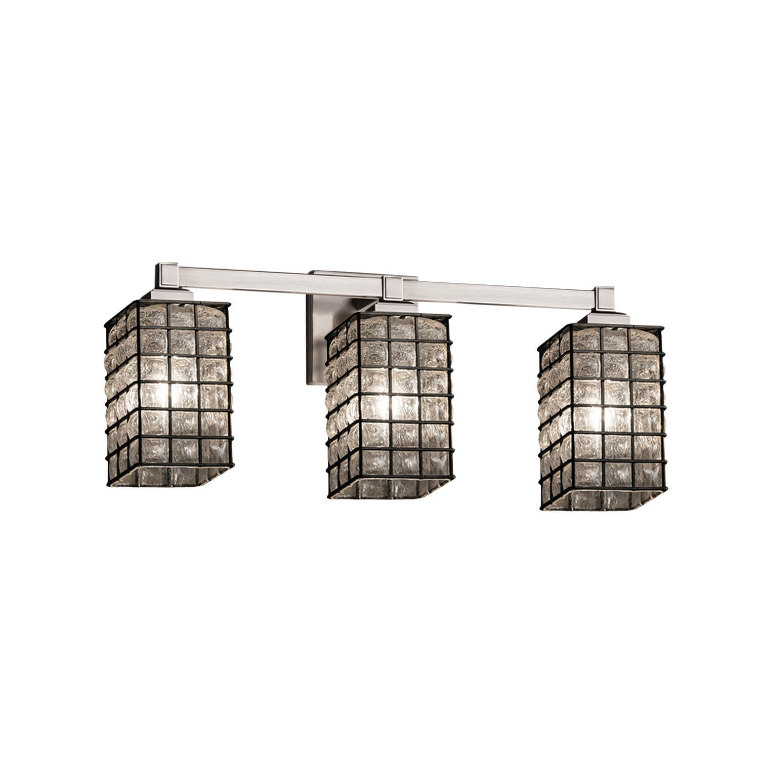 Wire Glass Regency 3 Light Brushed Nickel Bath Bar Grid With Clear Bubbles Square W Flat Rim Shade