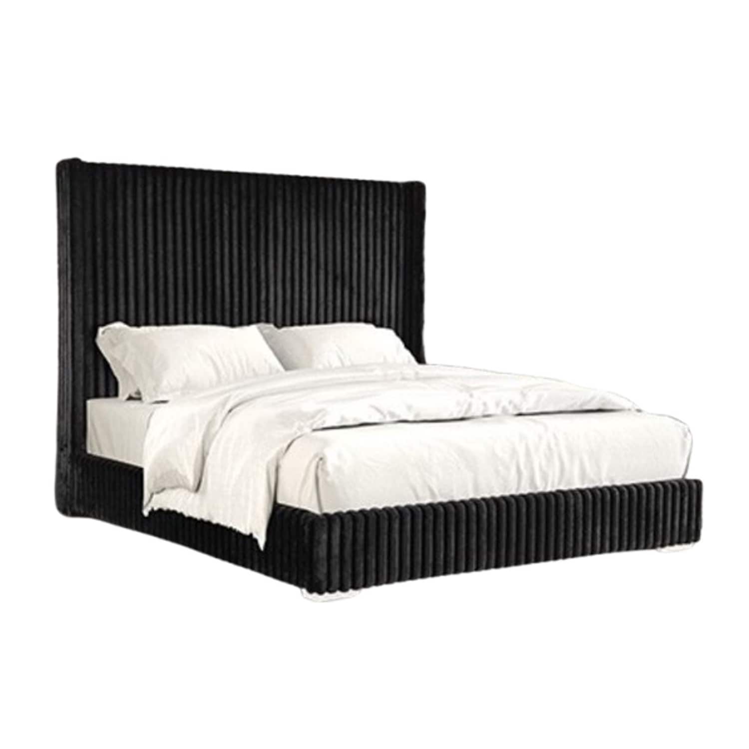 Wolo Queen Bed Black Fur Chenille Ribbed Upholstery Wing Headboard