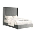 Wolo Queen Bed Gray Fur Chenille Ribbed Upholstery Wing Headboard