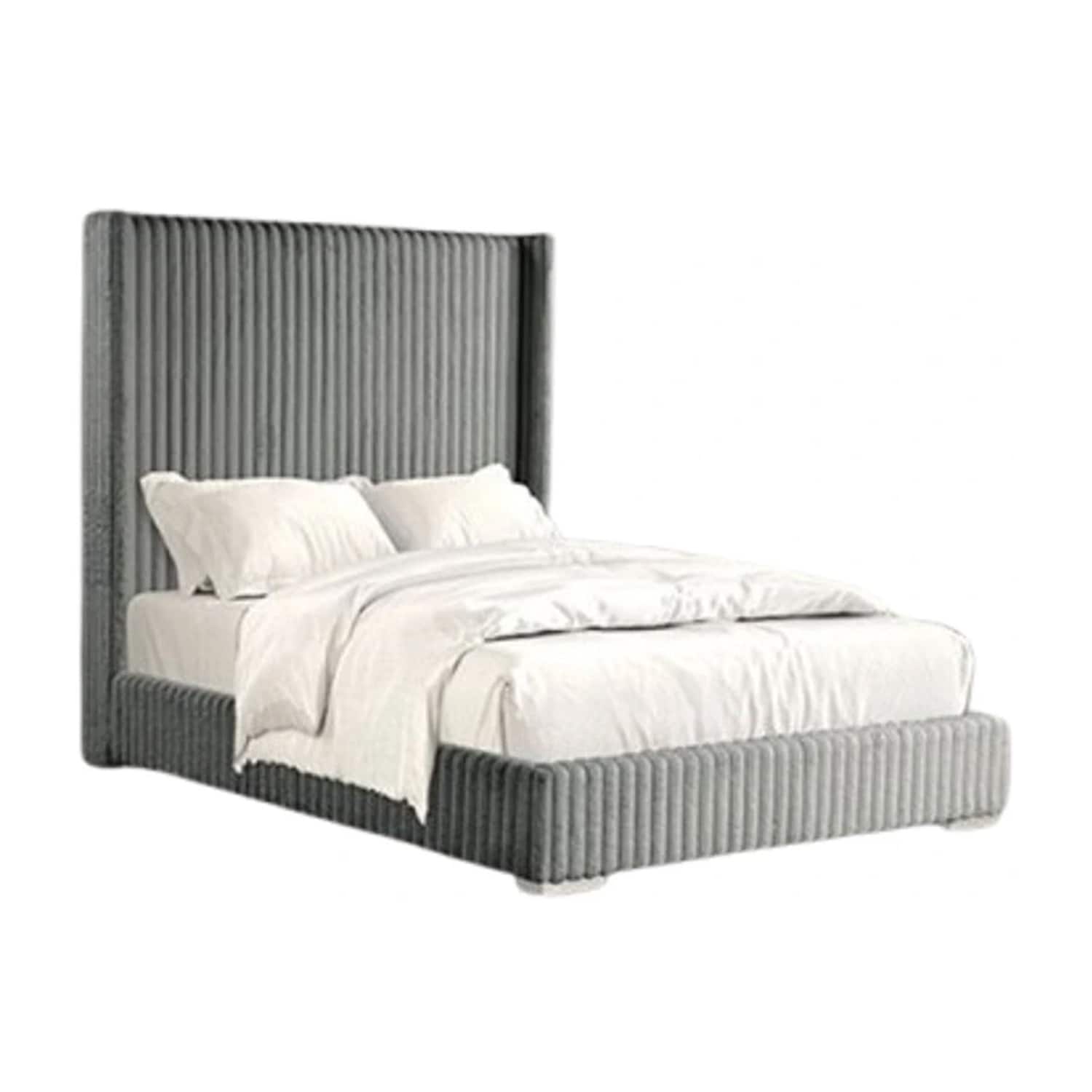 Wolo Queen Bed Gray Fur Chenille Ribbed Upholstery Wing Headboard