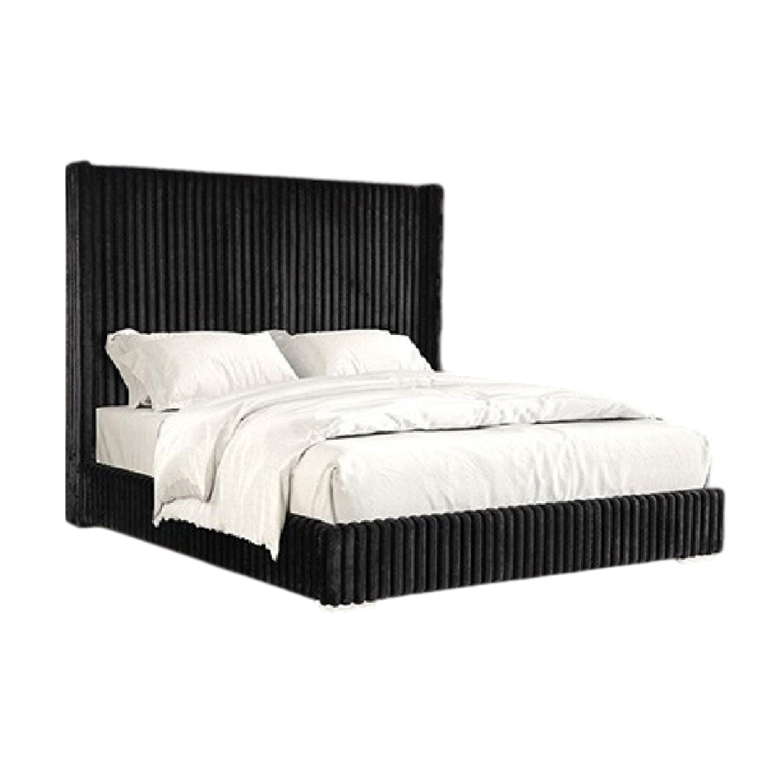 Wolo Twin Bed Black Fur Chenille Ribbed Upholstery Wing Headboard